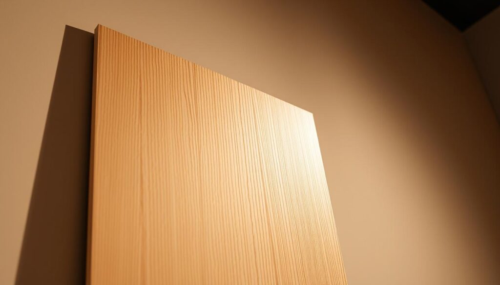 A finely crafted MDF panel, its smooth surface gleaming under the warm, directional lighting. The panel's elegant, minimalist design stands out, showcasing the natural wood grain texture. The camera captures the panel at a low angle, emphasizing its clean lines and modern aesthetic. The background is a neutral, softly diffused backdrop, allowing the panel to be the focal point. The lighting creates subtle shadows, adding depth and dimensionality to the image. The overall composition conveys a sense of sophistication and attention to detail, perfectly suited to illustrate the installation and maintenance of this versatile design element. Um painel de MDF finamente trabalhado, com sua superfície lisa brilhando sob a iluminação quente e direcional. O design elegante e minimalista do painel se destaca, mostrando a textura natural do grão da madeira. A câmera captura o painel em um ângulo baixo, enfatizando suas linhas limpas e sua estética moderna. O plano de fundo é neutro e suavemente difuso, permitindo que o painel seja o ponto focal. A iluminação cria sombras sutis, acrescentando profundidade e dimensionalidade à imagem. A composição geral transmite uma sensação de sofisticação e atenção aos detalhes, perfeitamente adequada para ilustrar a instalação e a manutenção desse versátil elemento de design.