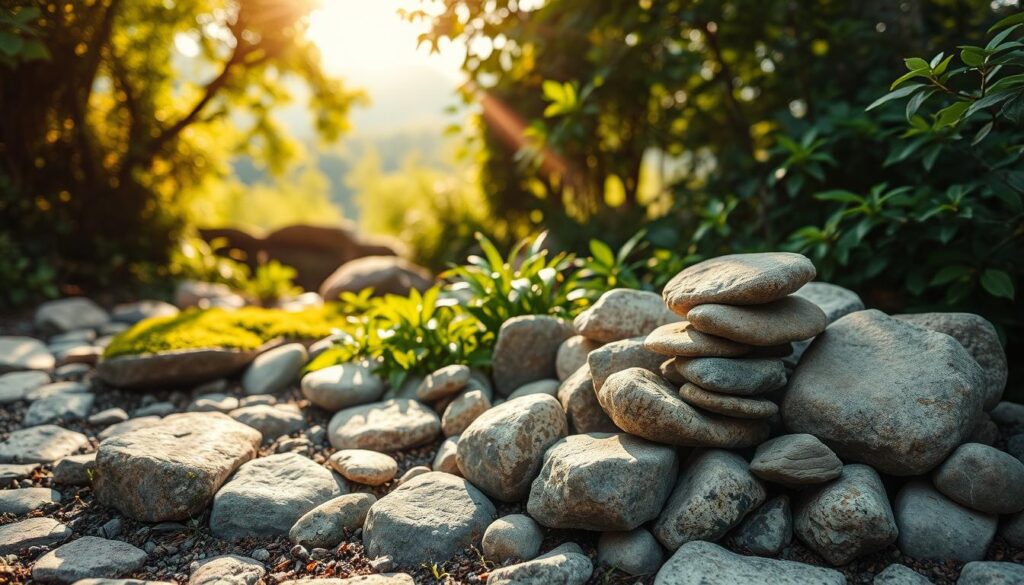 A lush garden oasis adorned with an artful arrangement of weathered stones, nestled amidst verdant foliage. Sunlight filters through the canopy, casting a warm, golden glow upon the natural tableau. Tactile textures of moss-covered rocks and smooth river stones create a calming, meditative atmosphere. In the foreground, a curated selection of stones of varying shapes, sizes, and hues are strategically positioned to form a harmonious, eye-catching display. The middle ground features vibrant, leafy plants that complement the earthy tones of the stones, while the background showcases a serene, blurred landscape, hinting at the tranquil setting. The overall composition exudes a sense of balance, simplicity, and a connection to the natural world, inviting the viewer to pause and appreciate the beauty of a garden enhanced by the thoughtful use of stones. A lush garden oasis adorned with an artful arrangement of weathered stones, nestled amidst verdant foliage. Sunlight filters through the canopy, casting a warm, golden glow upon the natural tableau. Tactile textures of moss-covered rocks and smooth river stones create a calming, meditative atmosphere. In the foreground, a curated selection of stones of varying shapes, sizes, and hues are strategically positioned to form a harmonious, eye-catching display. The middle ground features vibrant, leafy plants that complement the earthy tones of the stones, while the background showcases a serene, blurred landscape, hinting at the tranquil setting. The overall composition exudes a sense of balance, simplicity, and a connection to the natural world, inviting the viewer to pause and appreciate the beauty of a garden enhanced by the thoughtful use of stones.