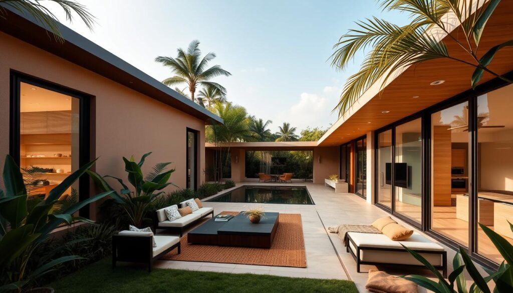 A modern, energy-efficient Brazilian casa inteligente with a sleek, minimalist design. The home's exterior features clean lines, large windows, and a warm, earthy color palette that blends seamlessly with the surrounding lush, tropical landscape. Inside, the living spaces are filled with natural light, high-tech home automation systems, and elegant yet functional furnishings. A central courtyard acts as the heart of the home, connecting the various zones and encouraging a fluid, indoor-outdoor living experience. High-end appliances, smart lighting, and intuitive voice controls create a seamless, effortless daily routine. The overall atmosphere evokes a sense of comfort, convenience, and sustainable, contemporary living.
Uma casa inteligente brasileira moderna e energeticamente eficiente, com um design elegante e minimalista. O exterior da casa apresenta linhas simples, janelas amplas e uma paleta de cores quentes e terrosas que se integra perfeitamente com a paisagem tropical exuberante ao redor. No interior, os espaços são repletos de luz natural, sistemas de automação residencial de alta tecnologia e móveis elegantes e funcionais. Um pátio central funciona como o coração da casa, conectando as várias zonas e promovendo uma experiência de vida fluida entre o interior e o exterior. Eletrodomésticos de última geração, iluminação inteligente e controles de voz intuitivos criam uma rotina diária perfeita e sem esforço. A atmosfera geral evoca uma sensação de conforto, conveniência e vida sustentável e contemporânea.