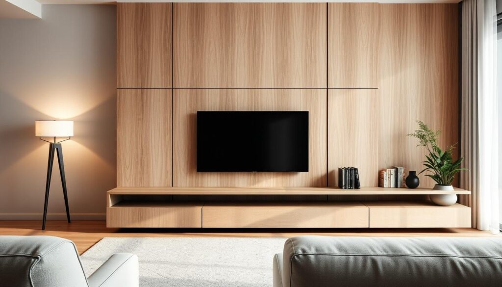 A modern, sleek, and minimalist MDF panel featured in a contemporary living room setting. The panel is made of high-quality MDF, with a smooth, uniform surface and a warm, natural wood grain texture. The panel is the focal point of the room, seamlessly blending with the surrounding decor to create a harmonious and inviting atmosphere. The lighting is soft and diffused, accentuating the panel's elegant lines and adding depth to the space. The camera angle captures the panel from a slightly elevated perspective, showcasing its clean, understated design and how it effortlessly enhances the overall ambiance of the room. Um painel de MDF moderno, elegante e minimalista apresentado em um ambiente contemporâneo de sala de estar. O painel é feito de MDF de alta qualidade, com uma superfície lisa e uniforme e uma textura quente e natural de grãos de madeira. O painel é o ponto focal da sala, combinando perfeitamente com a decoração ao redor para criar uma atmosfera harmoniosa e convidativa. A iluminação é suave e difusa, acentuando as linhas elegantes do painel e adicionando profundidade ao espaço. O ângulo da câmera captura o painel de uma perspectiva levemente elevada, mostrando seu design limpo e discreto e como ele aprimora sem esforço o ambiente geral da sala.