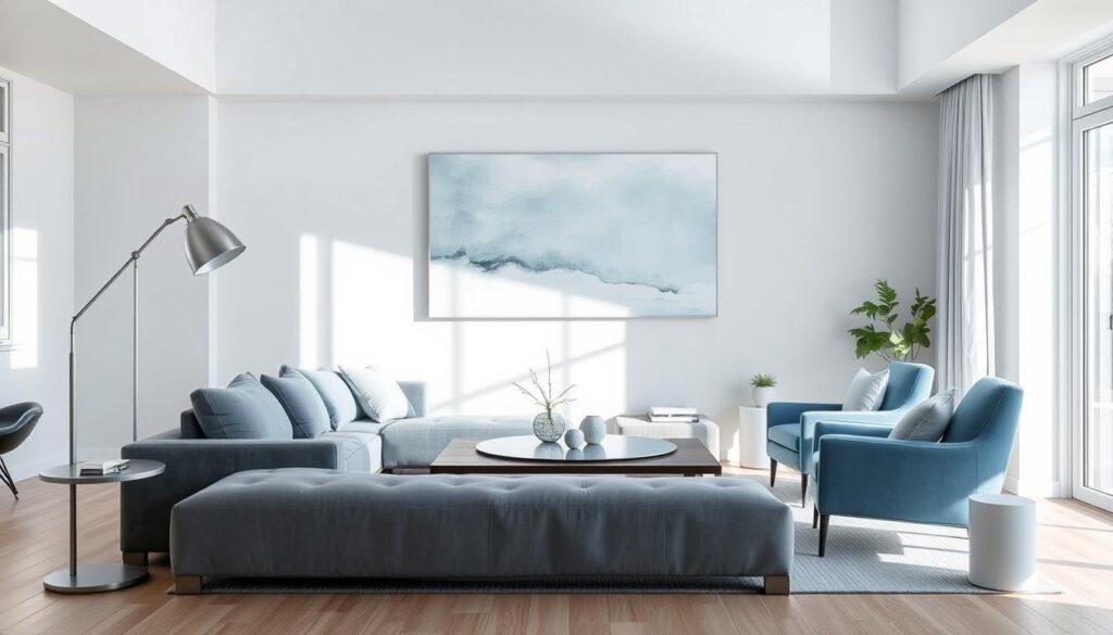 A serene living room with cool-toned furnishings and accents, bathed in soft, diffused natural light streaming through large windows. A plush, slate-gray sofa anchors the space, complemented by a pair of armchairs in a complementary shade of blue. Minimalist decor in shades of gray, white, and powder blue create a calming, balanced atmosphere. Sleek, stainless-steel floor lamps cast a gentle, ambient glow, while a large, abstract art piece in cool tones hangs on the wall, adding a touch of contemporary elegance. The overall scene exudes a sense of tranquility and serenity, perfectly capturing the power of cool colors in creating a soothing, restorative environment. Uma sala de estar serena com móveis e detalhes em tons frios, banhada por uma luz natural suave e difusa que entra pelas grandes janelas. Um sofá luxuoso em cinza ardósia domina o espaço, complementado por duas poltronas em um tom complementar de azul. A decoração minimalista em tons de cinza, branco e azul claro cria uma atmosfera calmante e equilibrada. Lâmpadas de pé elegantes em aço inoxidável projetam um brilho suave e ambiente, enquanto uma grande obra de arte abstrata em tons frios está pendurada na parede, adicionando um toque de elegância contemporânea. A cena geral exala uma sensação de tranquilidade e serenidade, capturando perfeitamente o poder das cores frias na criação de um ambiente calmante e restaurador.