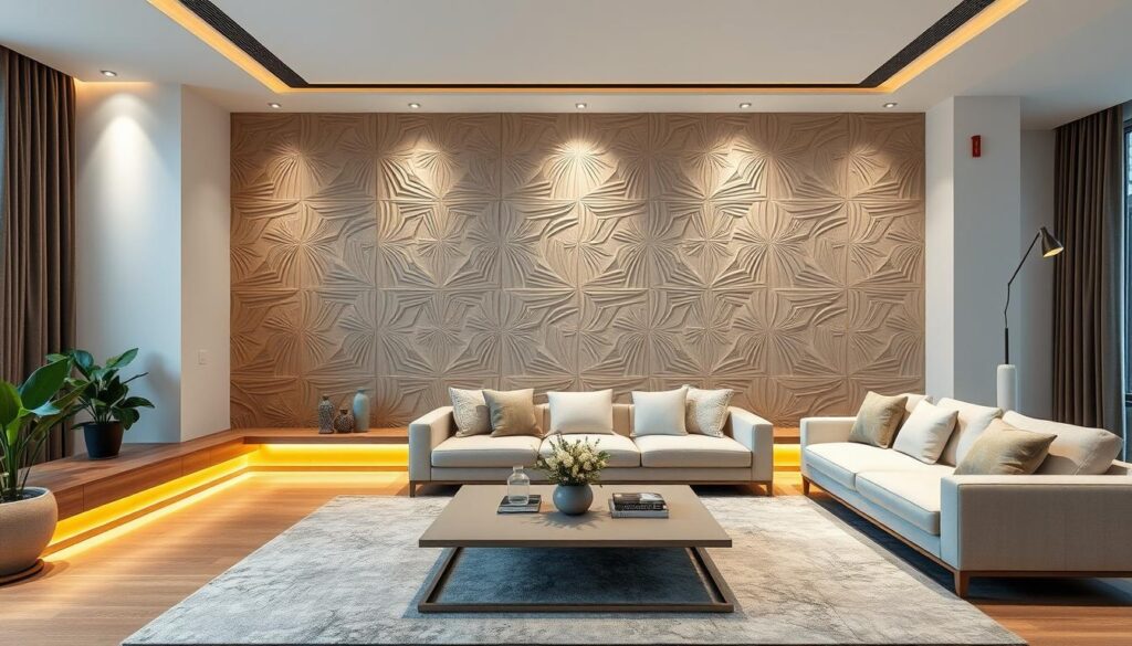A spacious modern living room with a striking MDF panel wall feature. The panel design showcases intricate geometric patterns and a sleek, minimalist aesthetic that seamlessly blends with the room's neutral color palette and clean-lined furniture. Warm, diffused lighting casts a soft glow, accentuating the panel's subtle textures and highlighting its role as the visual centerpiece. The scene evokes a sense of sophistication and timeless style, reflecting the transformative impact of MDF panels in contemporary Brazilian interior design. Uma sala de estar moderna e espaçosa com um painel de MDF marcante na parede. O design do painel apresenta padrões geométricos intrincados e uma estética elegante e minimalista que combina perfeitamente com a paleta de cores neutras e os móveis de linhas simples da sala. A iluminação quente e difusa emite um brilho suave, acentuando as texturas sutis do painel e destacando seu papel como peça central visual. A cena evoca uma sensação de sofisticação e estilo atemporal, refletindo o impacto transformador dos painéis de MDF no design de interiores brasileiro contemporâneo.