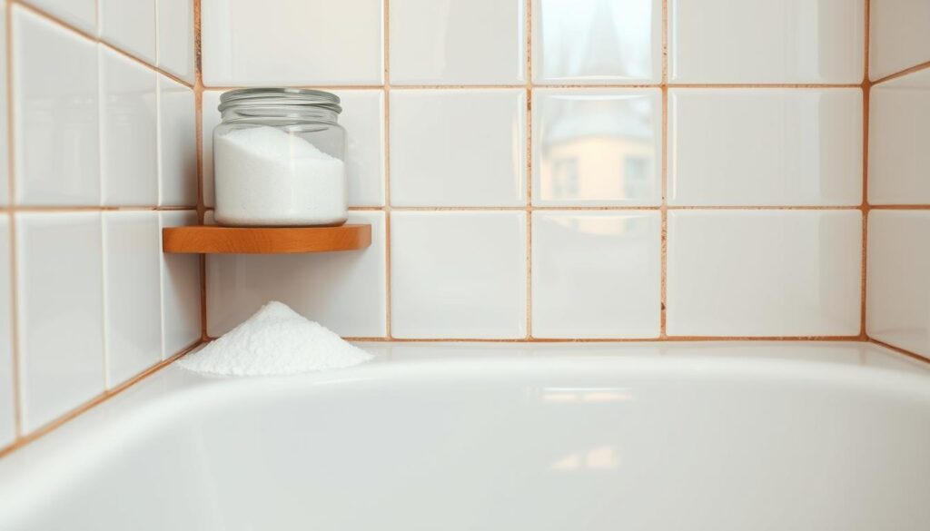A sparkling clean bathroom tile with a shimmering, pearly white surface. The sodium bicarbonate sits in a glass jar, its crystalline structure catching the soft, warm lighting from above. The jar is placed on a simple, wooden shelf, complementing the natural, earthy tones of the bathroom's decor. The tiles, freshly scrubbed, gleam with a pristine, almost mirror-like finish, reflecting the gentle light and the sodium bicarbonate jar. The overall scene conveys a sense of effortless cleanliness and the power of this versatile household ingredient to tackle even the most stubborn bathroom stains. A sparkling clean bathroom tile with a shimmering, pearly white surface. The sodium bicarbonate sits in a glass jar, its crystalline structure catching the soft, warm lighting from above. The jar is placed on a simple, wooden shelf, complementing the natural, earthy tones of the bathroom's decor. The tiles, freshly scrubbed, gleam with a pristine, almost mirror-like finish, reflecting the gentle light and the sodium bicarbonate jar. The overall scene conveys a sense of effortless cleanliness and the power of this versatile household ingredient to tackle even the most stubborn bathroom stains.