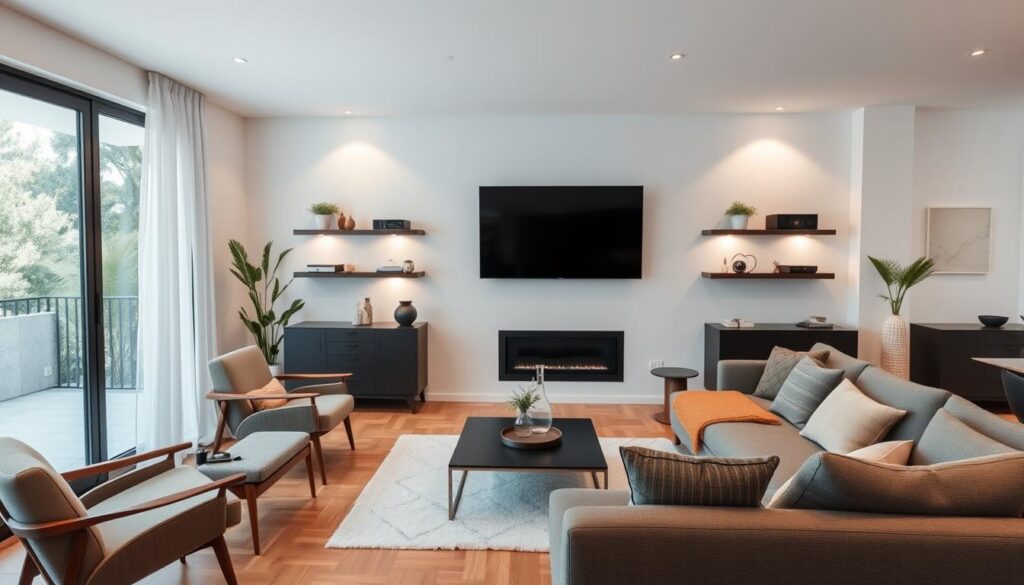 A stylish living room with a modern, minimalist aesthetic. The centerpiece is a sleek, wall-mounted television seamlessly integrated into the design. Subtle accent lighting illuminates floating shelves displaying smart home devices, blending technology and decor. The room is furnished with mid-century inspired armchairs and a plush sectional sofa, creating a cozy yet sophisticated ambiance. Large windows allow natural light to flood the space, accentuating the warm, earthy tones of the wooden floors and natural fiber accents. An air of elegance and functionality permeates the scene, showcasing how technology can be harmoniously incorporated into a stylish Brazilian home. Uma sala de estar elegante com uma estética moderna e minimalista. A peça central é uma televisão elegante, montada na parede, perfeitamente integrada ao design. Uma iluminação sutil ilumina prateleiras flutuantes que exibem dispositivos domésticos inteligentes, combinando tecnologia e decoração. A sala é mobiliada com poltronas inspiradas na metade do século e um sofá secional luxuoso, criando um ambiente aconchegante e sofisticado. Grandes janelas permitem que a luz natural inunde o espaço, acentuando os tons quentes e terrosos dos pisos de madeira e detalhes em fibras naturais. Um ar de elegância e funcionalidade permeia o ambiente, mostrando como a tecnologia pode ser harmoniosamente incorporada a uma elegante casa brasileira.