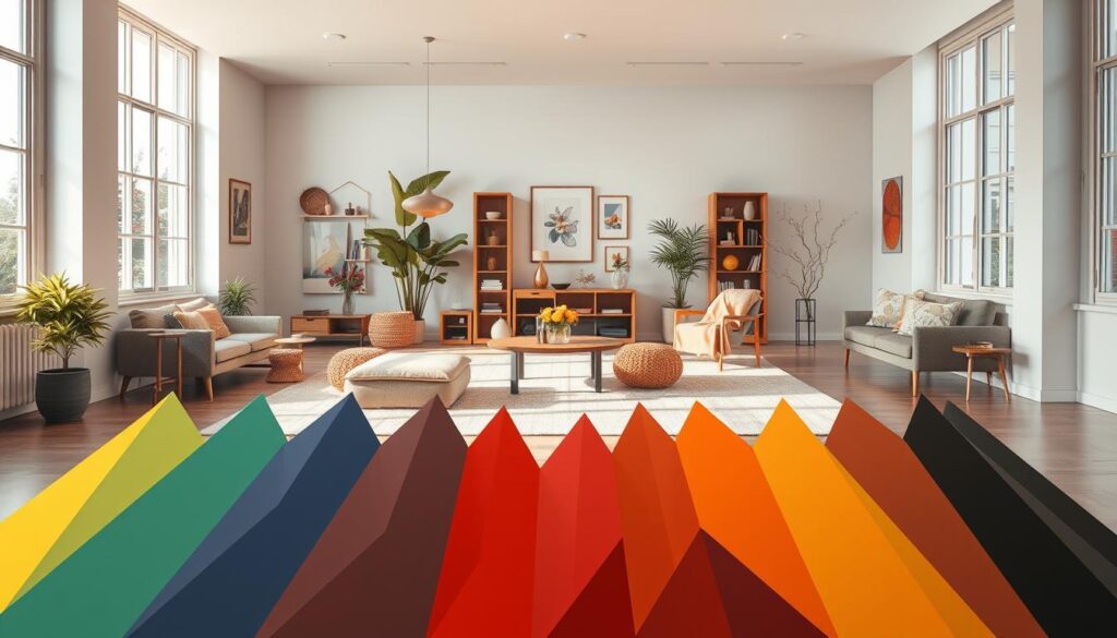 A vibrant, scientifically-accurate visualization of the psychology of colors. In the foreground, a series of geometric color palettes in warm and cool tones, arranged in a visually-striking composition. The middle ground features various everyday objects and materials - fabrics, furniture, decor - showcasing how color influences moods and emotions. In the background, a serene, softly-lit room with large windows, letting natural light flood the space. Lighting is balanced, with subtle shadows and highlights accentuating the depth and texture of the scene. The overall atmosphere is one of contemplative wonder, inviting the viewer to explore the profound impact of color on the human experience, through a distinctly Brazilian lens. Uma visualização vibrante e cientificamente precisa da psicologia das cores. Em primeiro plano, uma série de paletas geométricas de cores em tons quentes e frios, dispostas em uma composição visualmente impressionante. O plano médio apresenta vários objetos e materiais do cotidiano — tecidos, móveis, decoração — mostrando como a cor influencia o humor e as emoções. No fundo, uma sala serena e suavemente iluminada com grandes janelas, deixando a luz natural inundar o espaço. A iluminação é equilibrada, com sombras e destaques sutis que acentuam a profundidade e a textura da cena. A atmosfera geral é de contemplação e admiração, convidando o espectador a explorar o profundo impacto da cor na experiência humana, através de uma len