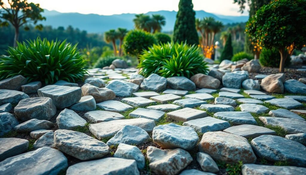 A well-manicured garden with an elegant arrangement of natural stones, meticulously maintained with care. The foreground showcases a variety of textured stones, expertly placed to create a harmonious and visually pleasing display. The middle ground features lush, verdant foliage, adding a touch of vibrant greenery to the scene. The background gently fades into a serene, natural landscape, with subtle lighting that casts a warm, inviting glow over the entire composition. The overall atmosphere exudes a sense of tranquility and harmony, perfectly capturing the essence of a beautifully maintained Brazilian garden. A well-manicured garden with an elegant arrangement of natural stones, meticulously maintained with care. The foreground showcases a variety of textured stones, expertly placed to create a harmonious and visually pleasing display. The middle ground features lush, verdant foliage, adding a touch of vibrant greenery to the scene. The background gently fades into a serene, natural landscape, with subtle lighting that casts a warm, inviting glow over the entire composition. The overall atmosphere exudes a sense of tranquility and harmony, perfectly capturing the essence of a beautifully maintained Brazilian garden.