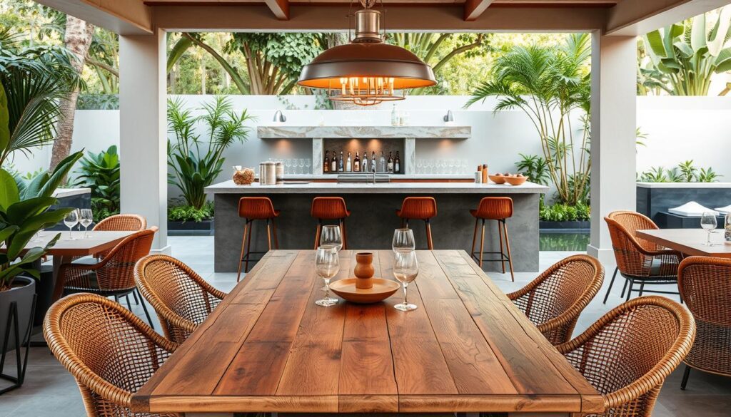 An elegantly curated outdoor gourmet area with a rustic wooden dining table surrounded by contemporary rattan chairs, accented by a sleek metal chandelier casting a warm glow. In the background, a well-stocked bar with polished stone countertops and modern glassware, framed by lush greenery and a tranquil water feature. The overall ambiance evokes a chic yet inviting Brazilian al fresco dining experience. Uma área gourmet ao ar livre elegantemente decorada, com uma mesa de jantar rústica de madeira rodeada por cadeiras contemporâneas de vime, realçada por um lustre de metal elegante que emite uma luz acolhedora. Ao fundo, um bar bem abastecido com bancadas de pedra polida e copos modernos, emoldurado por uma vegetação exuberante e uma tranquila fonte de água. O ambiente geral evoca uma experiência gastronômica brasileira ao ar livre chique e convidativa.