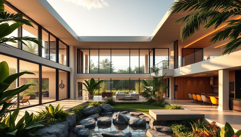 An expansive, meticulously designed contemporary Brazilian smart home, featuring a seamless integration of cutting-edge technology and lush, verdant landscaping. The interior is awash in warm, natural light filtering through large windows, illuminating a spacious, open-concept layout with high ceilings and minimalist decor. Sleek, state-of-the-art appliances and smart home devices are discreetly incorporated, complementing the refined, elegant aesthetic. The home's exterior boasts a sophisticated blend of glass, wood, and stone, nestled amidst a lush garden oasis complete with vibrant flora and a serene water feature. An atmosphere of modern comfort, convenience, and environmental harmony pervades the scene, capturing the essence of the Brazilian smart home lifestyle. Uma casa inteligente brasileira contemporânea, ampla e meticulosamente projetada, com uma integração perfeita entre tecnologia de ponta e um paisagismo exuberante e verdejante. O interior é banhado por uma luz natural e acolhedora que entra pelas grandes janelas, iluminando um layout espaçoso e aberto, com tetos altos e decoração minimalista. Eletrodomésticos elegantes e de última geração e dispositivos domésticos inteligentes são discretamente incorporados, complementando a estética refinada e elegante. O exterior da casa apresenta uma mistura sofisticada de vidro, madeira e pedra, aninhada em meio a um oásis de jardim exuberante, completo com flora vibrante e um sereno espelho d'água. Uma atmosfera de conforto moderno, conveniência e harmonia Decorei Ameil permeia o cenário, capturando a essência do estilo de vida da casa inteligente brasileira.