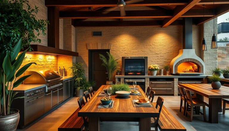 Decoração de area gourmet com churrasqueira e fogão a lenha moderno​