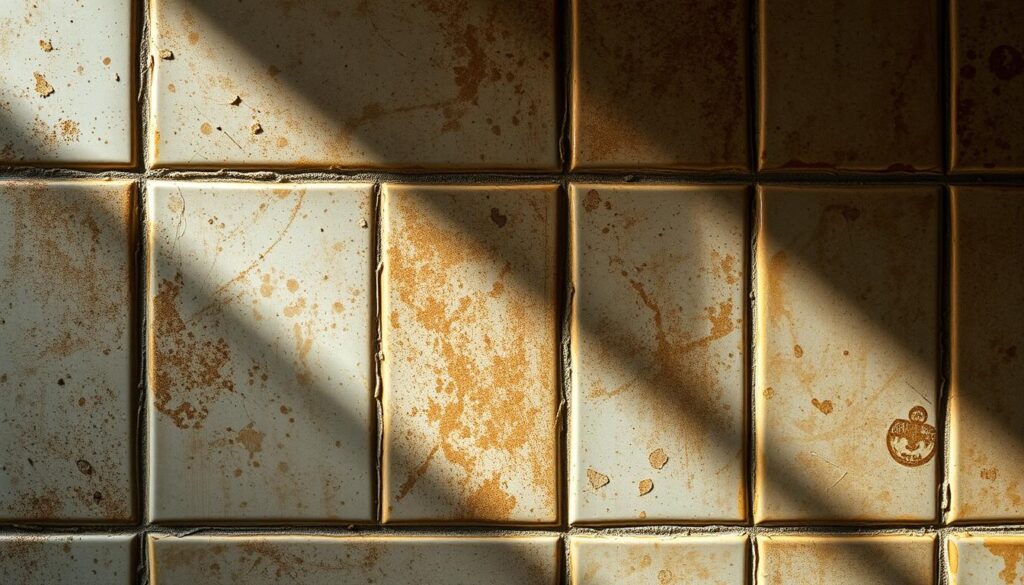 Detailed close-up of a bathroom tile wall, showcasing the grime and discoloration that accumulates over time. The tiles have a worn, dull appearance with visible stains, grout discoloration, and a general sense of neglect. The lighting is harsh, creating stark shadows that emphasize the uneven, mottled surfaces. The scene conveys a sense of unpleasantness and the need for thorough cleaning, as if the tiles have been left untended for an extended period. The overall tone is one of dirtiness and the challenges of maintaining a clean, pristine bathroom environment. Detailed close-up of a bathroom tile wall, showcasing the grime and discoloration that accumulates over time. The tiles have a worn, dull appearance with visible stains, grout discoloration, and a general sense of neglect. The lighting is harsh, creating stark shadows that emphasize the uneven, mottled surfaces. The scene conveys a sense of unpleasantness and the need for thorough cleaning, as if the tiles have been left untended for an extended period. The overall tone is one of dirtiness and the challenges of maintaining a clean, pristine bathroom environment.