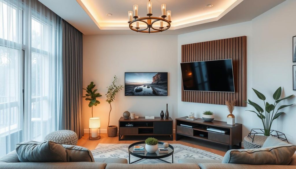 Imagem de uma sala de TV pequena decorada com estilo Imagem de uma sala de TV pequena decorada com estilo