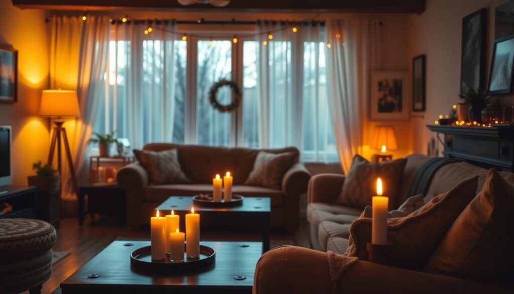 Imagem de uma sala de estar iluminada com velas e luzes amareladas Imagem de uma sala de estar iluminada com velas e luzes amareladas