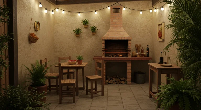 Área gourmet simples e decorada em um quintal brasileiro, com foco em uma churrasqueira de tijolo pré-moldada encostada na parede. Ao lado, uma mesa rústica de madeira com cadeiras simples, piso de cerâmica ou cimento, vasos com plantas tropicais como samambaias e palmeiras. Luzes de gambiarra completam o clima aconchegante e casual. A decoração é modesta, mas charmosa, com texturas naturais e detalhes coloridos, refletindo um ambiente acessível e acolhedor para encontros em família.