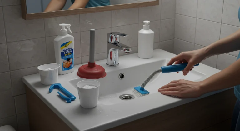 Pessoa desentupindo pia do banheiro com ferramentas simples, mostrando dicas rápidas e práticas para resolver o problema em casa.