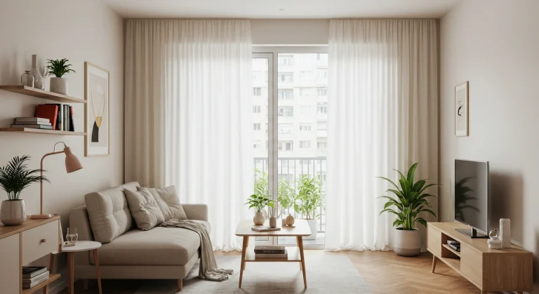Sala de apartamento pequeno com cortinas leves e claras, instaladas perto do teto para dar sensação de amplitude. A decoração tem sofá compacto, mesa de centro pequena e plantas, criando um ambiente funcional e aconchegante