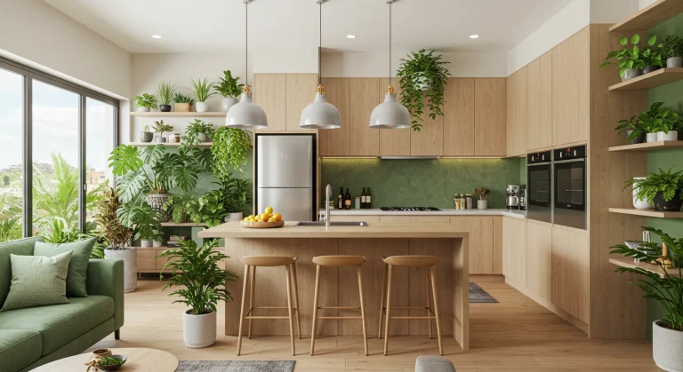 Cozinha americana moderna e integrada com elementos de biofilia, com ilha central de madeira, plantas como samambaias e monstera espalhadas por prateleiras e cantos. Ambiente iluminado por luz natural, com decoração em tons de verde, bege e madeira clara, transmitindo sensação de aconchego e conexão com a natureza.