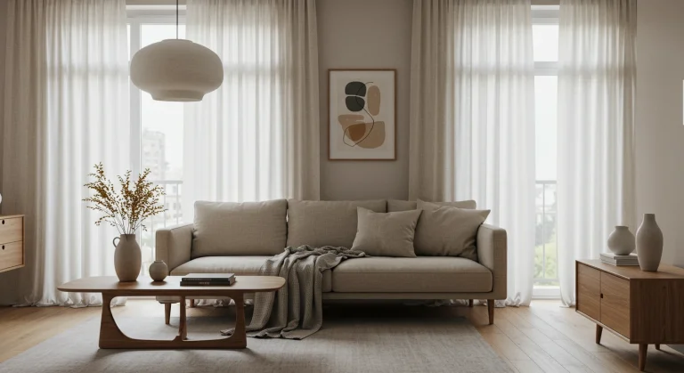 Apartamento decorado no estilo Japandi, com móveis de linhas retas, tons neutros, madeira natural, tecidos leves e plantas, criando um ambiente minimalista e acolhedor
