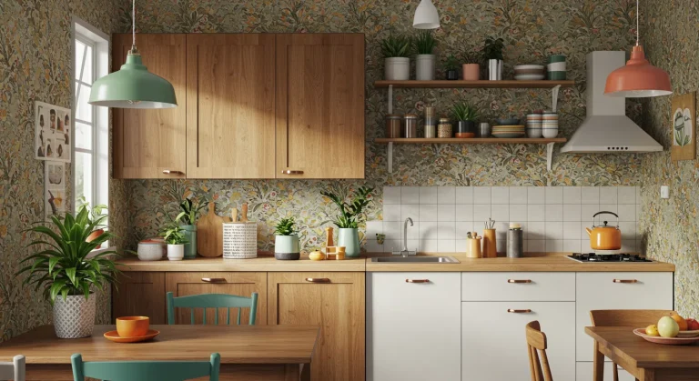 Cozinha brasileira decorada com diferentes estilos de papel de parede, unindo charme, criatividade e inspiração em um só ambiente.