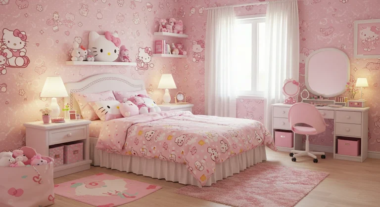 Quarto decorado com tema Hello Kitty em tons pastéis, com pelúcias, papel de parede e cama temática para todas as idades