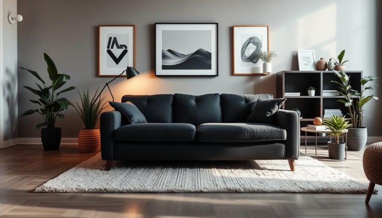 decoração de sala com sofa cinza escuro