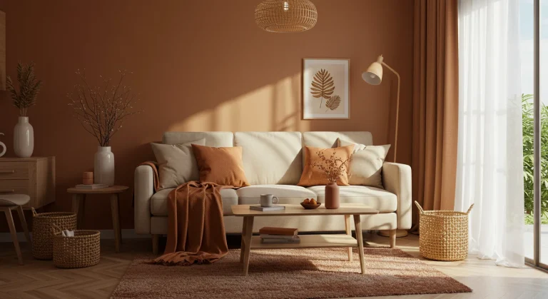 Sala pequena decorada com tons terrosos, como terracota, bege e marrom, com sofá compacto, mesa de centro de madeira, plantas e elementos naturais, criando um ambiente acolhedor e organizado.