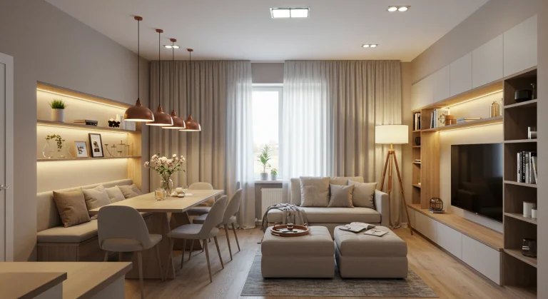 Apartamento moderno com diferentes tipos de iluminação: pendentes sobre a mesa, fitas de LED nas prateleiras, luminária de chão em canto de leitura e spots no teto, criando um ambiente aconchegante e sofisticado