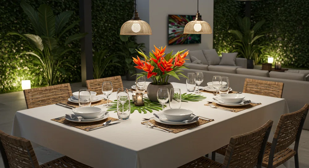 Elegante mesa gourmet em um moderno espaço ao ar livre brasileiro. Toalha de mesa branca impecável, jogos americanos de tecido natural e centro de mesa com vibrantes flores tropicais. Louça moderna minimalista, talheres de prata polida e copos artesanais. A iluminação suave e difusa dos pendentes suspensos cria um brilho acolhedor. Plantas exuberantes em vasos e vegetação emolduram a cena, criando um ambiente sereno, mas convidativo. A mesa é cuidadosamente arrumada para promover a conversa e a experiência de jantar compartilhada, refletindo o amor brasileiro pela comida, pela família e pela hospitalidade.