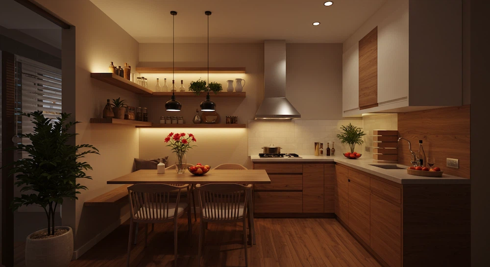 Área gourmet de apartamento brasileiro com iluminação geral, pontual e decorativa, criando ambiente acolhedor, funcional e esteticamente agradável.