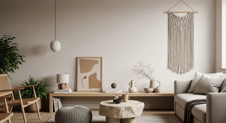 Capa de blog com sala contemporânea brasileira destacando decoração sustentável, materiais naturais e ambiente acolhedor alinhado às tendências