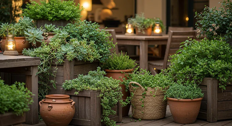 Um arranjo exuberante e vibrante de plantas em vasos e elementos naturais, cuidadosamente decorado para criar um ambiente acolhedor e convidativo em uma área de jantar gourmet ao ar livre. Suculentas, samambaias e trepadeiras caem em cascata de vasos rústicos de madeira, complementados por vasos de cerâmica em tons terrosos e uma cesta de vime transbordando de vegetação fresca. Uma iluminação suave e difusa filtra-se pela cena, lançando um brilho suave e destacando a interação textural dos materiais naturais. A composição geral é equilibrada e visualmente harmoniosa, integrando perfeitamente as plantas à decoração geral para criar uma atmosfera serena e inspirada na natureza, perfeita para entretenimento e relaxamento.
