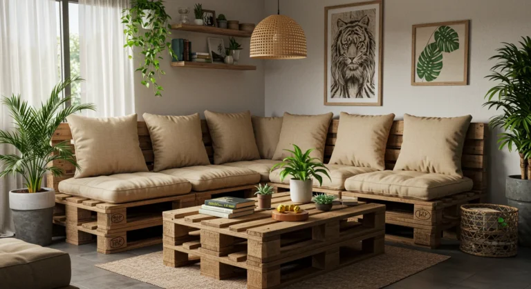 Sala moderna decorada com móveis de pallets criativos e sustentáveis, incluindo sofá, mesa de centro e estante.
