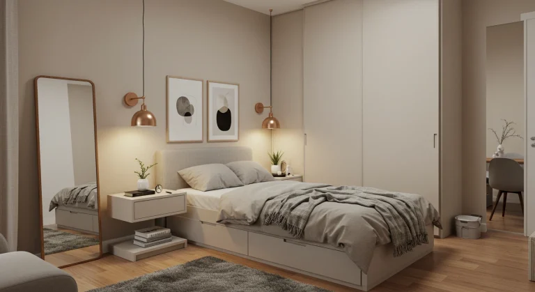 Quarto pequeno de casal com móveis multifuncionais, incluindo cama com gavetas, armário com portas de correr e mesas de cabeceira suspensas. Decoração em tons neutros com madeira e iluminação aconchegante, otimizando o espaço de forma prática e elegante.