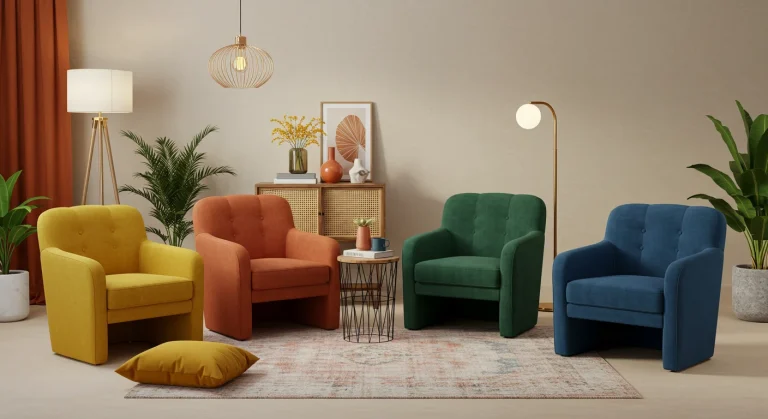 Sala moderna com poltronas decorativas em cores vibrantes como amarelo mostarda, terracota, verde esmeralda e azul profundo. O ambiente apresenta paredes neutras, iluminação natural e elementos decorativos como plantas e tapetes, seguindo as tendências de decoração para 2025