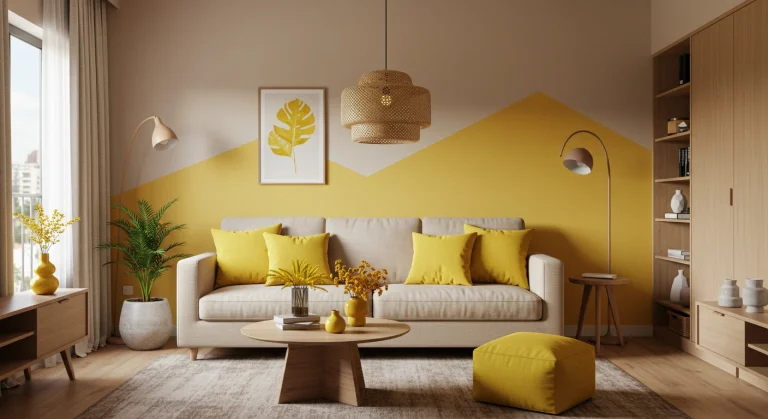 Sala moderna com decoração em tons de amarelo vibrante e neutros aquecidos, com sofá bege claro, almofadas amarelas, móveis de madeira e iluminação natural abundante. O ambiente transmite aconchego e estilo contemporâneo