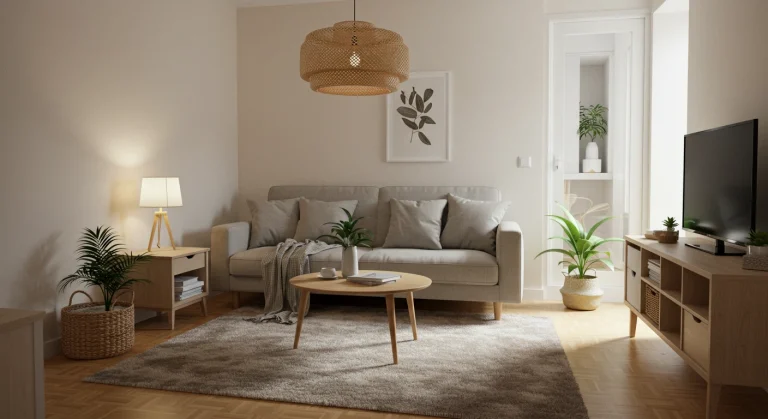 Sala de apartamento decorada com tapete neutro sob o sofá e a mesa de centro. O ambiente é harmonioso e prático, com móveis minimalistas e detalhes acolhedores como plantas e iluminação suave.