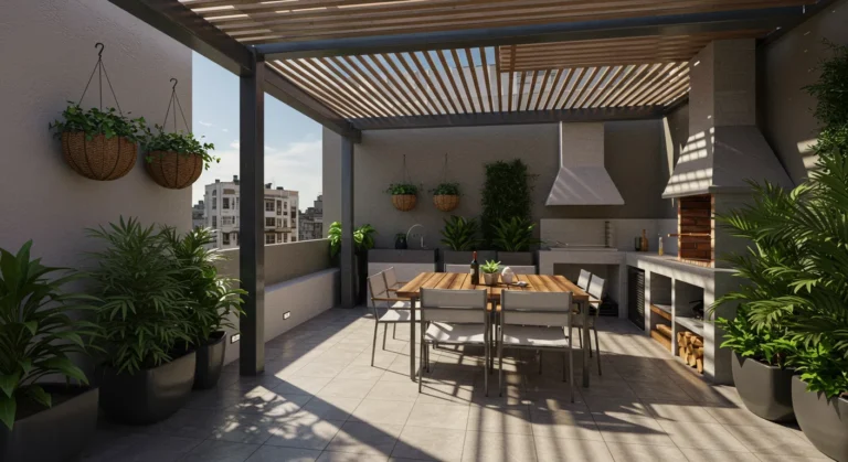 Um oásis no terraço meticulosamente planejado, uma mistura harmoniosa de móveis elegantes e vegetação exuberante. A luz do sol se filtra através de uma pérgula moderna, projetando sombras suaves sobre o piso de azulejos. Uma churrasqueira embutida e uma cozinha ao ar livre convidam a refeições e encontros ao ar livre. Vasos de plantas e cestos suspensos adicionam toques de cores vibrantes, enquanto luminárias discretas criam um ambiente acolhedor e convidativo para entretenimento noturno. A cena exala uma estética tropical refinada, adaptada ao estilo de vida brasileiro, inspirando o cenário perfeito para relaxamento e delícias culinárias.