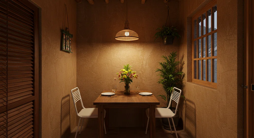 Uma pequena área gourmet aconchegante e convidativa, com uma mesa rústica de madeira, duas cadeiras elegantes e confortáveis e um arranjo central bem cuidado de flores frescas e vegetação exuberante. O espaço é banhado por uma iluminação natural e acolhedora, que projeta um brilho suave e cria um ambiente acolhedor. As paredes apresentam texturas em tons terrosos, talvez tijolos expostos ou gesso texturizado, adicionando profundidade e personalidade ao ambiente. Elementos decorativos sutis, como uma luminária pendente ou um vaso de planta, complementam o design geral, tornando este um espaço charmoso e funcional para refeições íntimas e encontros. A imagem deve transmitir uma atmosfera aconchegante, convidativa e autenticamente brasileira.