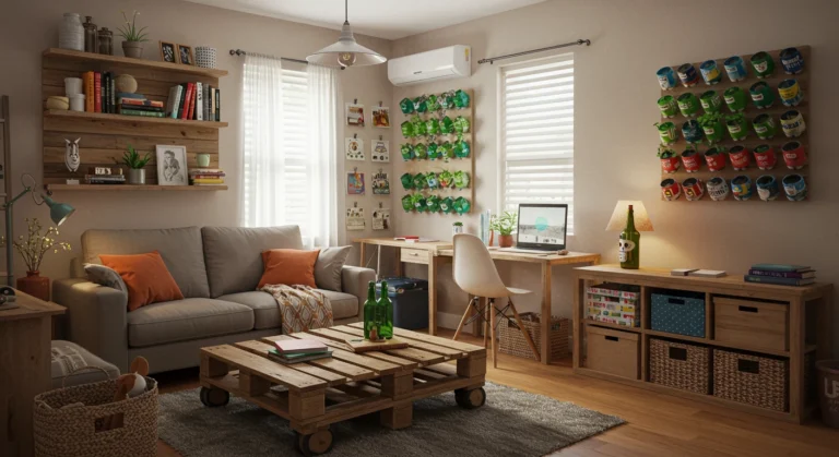 Interior de casa pequena brasileira com projetos DIY de upcycling organizados: mesa de centro de pallets, prateleiras de madeira de demolição, jardim vertical com garrafas PET, organizadores com latas decoradas, cestos de jornal, abajur com garrafa vintage e porta-objetos com caixas de sapato personalizadas.