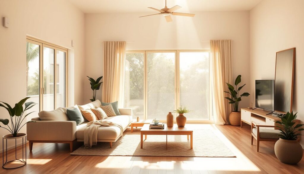 A beautifully lit and spacious Brazilian living room, with strategically positioned furniture that maximizes the brightness and airiness of the environment. Sunlight streams in through large windows, casting a warm, golden glow across the room. Minimalist, modern furniture in natural tones of wood and neutral fabrics create a serene, uncluttered atmosphere. Carefully curated decor elements, such as potted plants and abstract art, add pops of color and texture, complementing the overall design. The room exudes a sense of tranquility and functionality, perfectly suited for the "Posicionamento estratégico de móveis" section of the article.