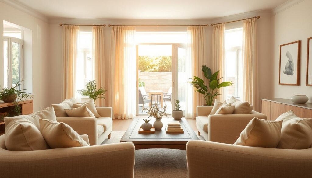 A bright, airy living room bathed in warm, natural light streaming through large windows. The walls are painted in a soft, inviting shade of off-white, creating a serene and calming atmosphere. Plush, linen-covered sofas and armchairs in a complementary light beige hue occupy the foreground, beckoning for relaxation. Delicate, sheer curtains sway gently, diffusing the sunlight and adding a touch of elegance. The middle ground features a wooden coffee table with simple, clean lines, surrounded by potted plants and a few carefully curated decorative accents in muted tones. The background reveals a glimpse of an outdoor patio or balcony, further enhancing the sense of openness and connection to nature. Overall, the scene evokes a sense of tranquility, comfort, and the transformative power of light and bright colors in creating a welcoming and uplifting living space.