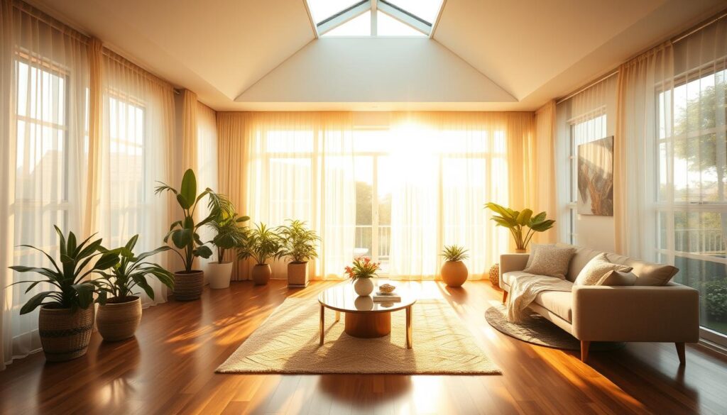 A bright, airy living room flooded with natural light streaming through large windows. Sunbeams dance across polished wood floors, casting a warm, golden glow throughout the space. Potted plants and sheer curtains frame the view, creating a serene, inviting atmosphere. The room is bathed in a soft, diffused illumination, highlighting the textures of the furniture and decor. Overhead, a skylight adds an extra touch of luminosity, drawing the eye upward. The overall impression is one of tranquility and rejuvenation, perfectly capturing the essence of "luz natural" in a contemporary Brazilian interior.