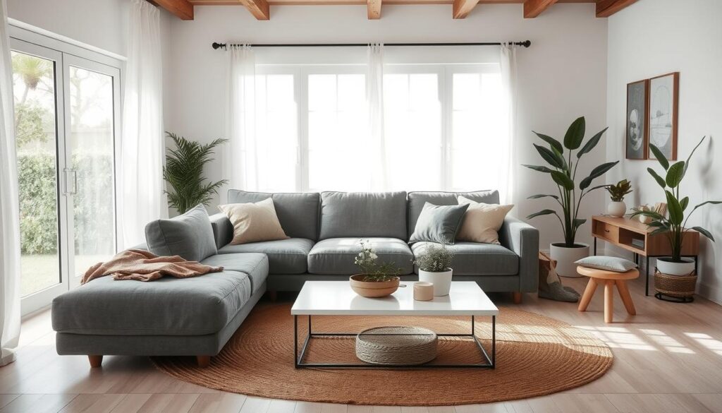 Uma sala de estar luminosa e arejada, com um sofá cinza luxuoso como ponto focal. O sofá está rodeado por uma mistura de texturas naturais e tons terrosos, incluindo um tapete de juta, detalhes em madeira e vasos de plantas. Uma iluminação suave e difusa penetra pelas grandes janelas, criando uma atmosfera acolhedora e convidativa. O espaço é ainda mais realçado por elementos decorativos de bom gosto, como uma mesa de centro minimalista, almofadas decorativas e uma exposição de arte de parede cuidadosamente selecionada. O design geral atinge um equilíbrio perfeito entre sofisticação e conforto, atendendo às preferências do público brasileiro que busca inspiração para seus espaços de convivência.