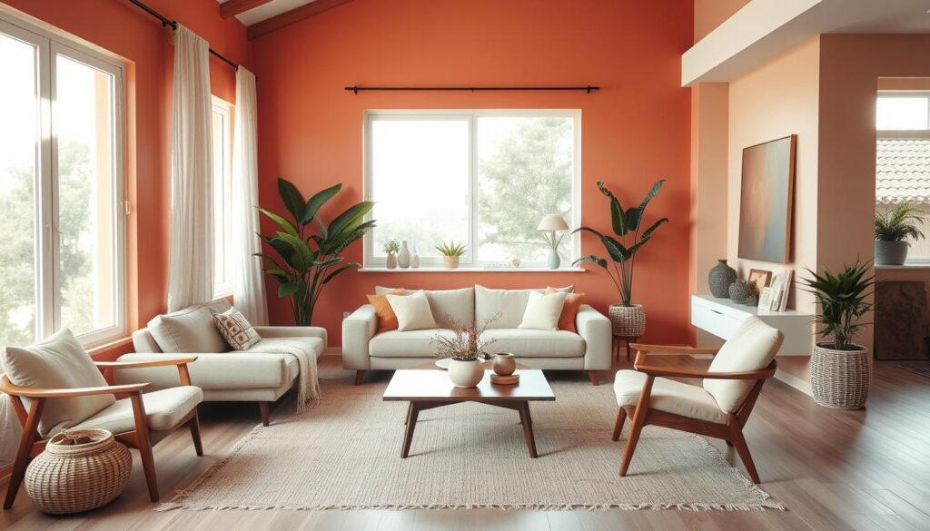 A contemporary and harmonious living room in a Brazilian home, bathed in warm, natural light streaming through large windows. The walls are painted in a soothing, muted tone of coral, complemented by an array of carefully curated decor elements that blend seamlessly. A plush, beige sofa anchors the space, accompanied by a mid-century modern coffee table and a pair of sleek, wooden armchairs. Potted plants and natural fibers add organic touches, while the overall composition evokes a sense of tranquility and balance. The room is captured from a slightly elevated angle, showcasing its thoughtful, minimalist design and highlighting the cor casa - the core color palette that ties the space together.