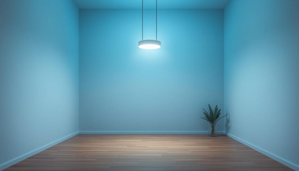A cool, bluish-tinted indoor scene with a modern minimalist lighting fixture suspended from the ceiling, casting a soft, diffused glow across the room. The walls are painted in a muted, neutral tone, creating a serene and calming atmosphere. The floor is covered in a sleek, hardwood surface, and the room is sparsely furnished with clean-lined, Scandinavian-inspired furniture pieces. The overall mood is one of tranquility and sophisticated simplicity, perfectly capturing the essence of "luz fria" or "cool light" for a Brazilian audience.