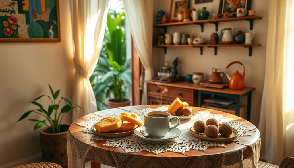 A cozy and inviting corner of a sun-drenched Brazilian home, featuring a rustic wooden table adorned with a white lace tablecloth. On the table, a steaming cup of rich, aromatic coffee sits alongside a selection of traditional Brazilian pastries, such as pão de queijo and brigadeiros. The walls are adorned with vibrant, colorful artwork and shelves displaying an array of ceramic mugs and vintage-inspired decor. Warm, diffused lighting filters through sheer curtains, creating a soft, intimate atmosphere. In the background, a glimpse of lush, tropical foliage hints at the home's connection to the natural world beyond. The overall scene evokes a sense of comfort, coziness, and the cherished ritual of gathering for a leisurely coffee break in the heart of a Brazilian household. Um canto aconchegante e convidativo de uma casa brasileira banhada pelo sol, com uma mesa rústica de madeira adornada com uma toalha de mesa de renda branca. Sobre a mesa, uma xícara fumegante de café rico e aromático está ao lado de uma seleção de doces tradicionais brasileiros, como pão de queijo e brigadeiros. As paredes são decoradas com obras de arte vibrantes e coloridas e prateleiras que exibem uma variedade de canecas de cerâmica e decoração de inspiração vintage. Uma iluminação difusa e aconchegante se filtra através de cortinas transparentes, criando uma atmosfera suave e íntima. Ao fundo, um vislumbre da exuberante vegetação tropical sugere a conexão da casa com o mundo natural ao redor. A cena geral evoca uma sensação de conforto, aconchego e o ritual apreciado de se reunir para um café tranquilo no coração de uma casa brasileira.