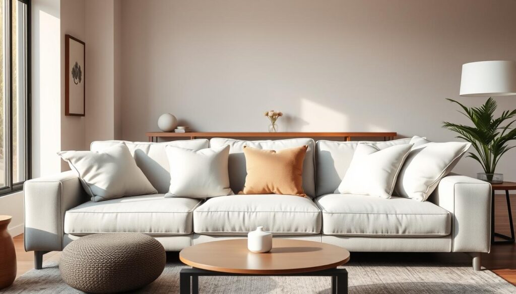 Um sofá cinza claro aconchegante e convidativo ocupa um lugar de destaque em uma sala de estar minimalista, com seus tons suaves e linhas clean complementando a decoração moderna. Almofadas macias em tons neutros adicionam profundidade e textura, enquanto uma grande janela inunda o espaço com luz natural e acolhedora. A silhueta elegante e a aparência confortável do sofá criam uma atmosfera de relaxamento e sofisticação, tornando-o uma escolha popular para as casas brasileiras. 