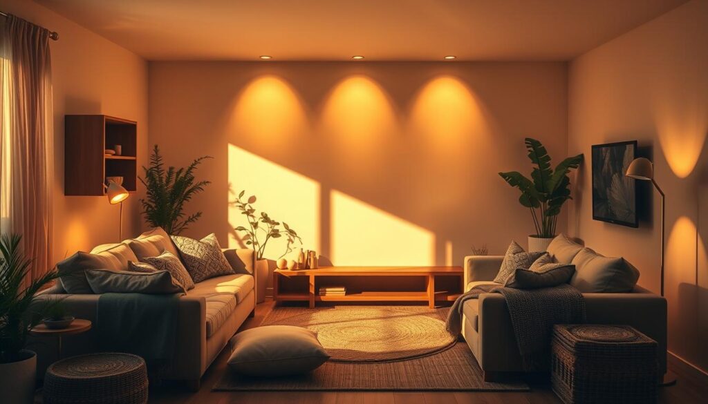 A cozy and inviting living room bathed in the warm, golden glow of soft, incandescent lighting. Plush, earth-toned furnishings create a welcoming and serene atmosphere, while natural textures like wooden accents and woven rugs add depth and richness. Gentle shadows dance across the walls, casting a tranquil, calming ambiance perfect for relaxation and mindfulness. The lighting is positioned to highlight the room's architectural features, drawing the eye and creating a sense of depth and dimension. The overall scene exudes a sense of comfort, harmony, and well-being, perfectly capturing the benefits of warm lighting for a healthy, balanced lifestyle.
