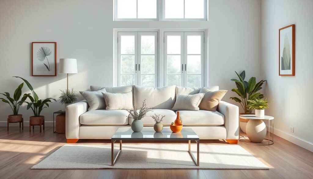 Uma sala de estar aconchegante e convidativa, com um sofá cinza claro lindamente trabalhado como peça central. O sofá está posicionado em um espaço bem iluminado, banhado pela luz natural que entra pelas grandes janelas, criando um brilho aconchegante e um ambiente sereno. A sala é decorada com um estilo minimalista, mas elegante, incluindo uma mesa de centro sofisticada, vasos de plantas e obras de arte sutis nas paredes, tudo combinando para criar uma atmosfera harmoniosa e convidativa. A composição geral enfatiza a versatilidade e o apelo atemporal do sofá cinza claro, mostrando como ele pode se integrar perfeitamente a vários estilos de design de interiores, do moderno ao tradicional. A imagem captura a essência de uma vida confortável e sofisticada, perfeitamente adequada para inspirar o público brasileiro que explora ideias para decorar seus espaços ao redor de um sofá cinza claro.