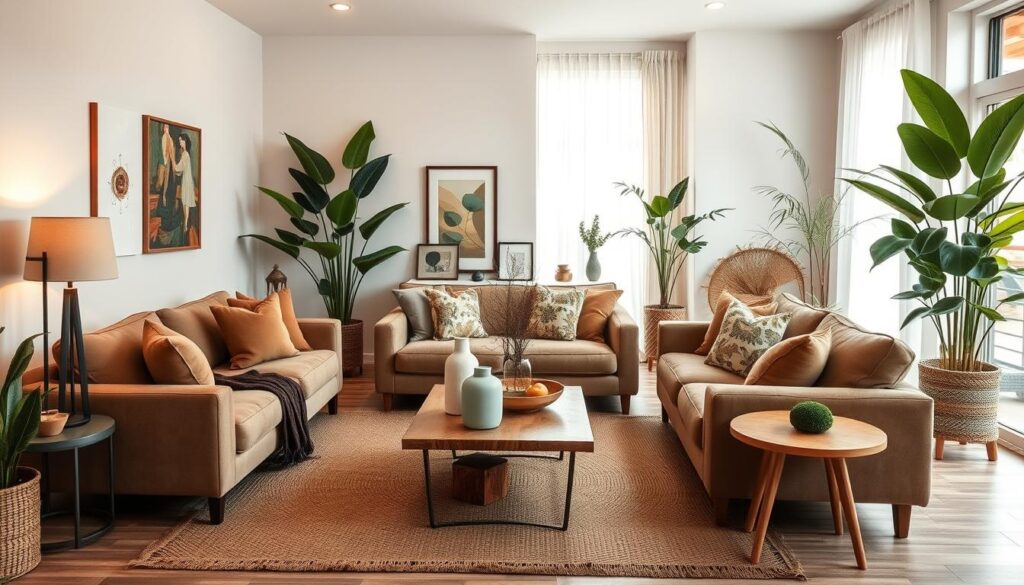 A cozy and inviting living room with plush, earthy-toned furniture, warm lighting, and thoughtful decorative accents. Tall houseplants in the corners add lush greenery, complemented by a woven area rug and natural wood end tables. Decorative vases, framed artwork, and a stylish centerpiece on the coffee table create a harmonious, contemporary Brazilian ambiance. The room is bathed in soft, diffused light from a large window, casting a tranquil glow throughout the space.
