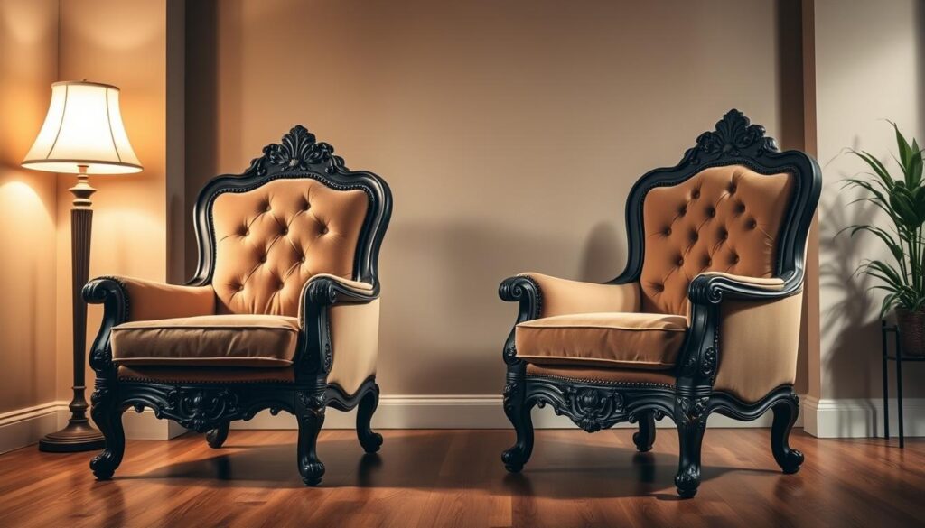 A cozy and inviting sitting room with a pair of elegant decorative chairs taking center stage. The chairs feature intricate carvings, sumptuous velvet upholstery, and subtle brass accents, exuding a timeless Brazilian charm. Soft, warm lighting from a nearby floor lamp casts a gentle glow, highlighting the chairs' luxurious details. The background includes a polished hardwood floor, subtle wall textures, and subtle potted plants, creating a harmonious and visually pleasing composition. The overall scene conveys a sense of refined sophistication and attention to craftsmanship, perfectly suited for the "Cuidados e Manutenção de Cadeiras Decorativas" section. A cozy and inviting sitting room with a pair of elegant decorative chairs taking center stage. The chairs feature intricate carvings, sumptuous velvet upholstery, and subtle brass accents, exuding a timeless Brazilian charm. Soft, warm lighting from a nearby floor lamp casts a gentle glow, highlighting the chairs' luxurious details. The background includes a polished hardwood floor, subtle wall textures, and subtle potted plants, creating a harmonious and visually pleasing composition. The overall scene conveys a sense of refined sophistication and attention to craftsmanship, perfectly suited for the "Cuidados e Manutenção de Cadeiras Decorativas" section.